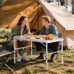 Table de camping pliante portable en aluminium 90cm l�g�re avec pieds r�glables en hauteur couche en ...