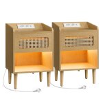 Table de chevet lot de 2 avec lumière à détecteur de mouvement pieds en bois massif style bohème beige ... Table de chevet lot de 2 avec lumière à détecteur de mouvement pieds en bois massif style bohème beige ...