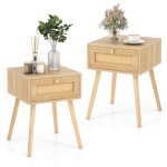 Table de chevet lot de 2 - relax4life - pieds en pin massif - tiroir en rotin - poigne mtallique - ...