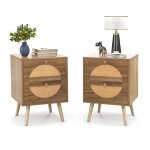 Table de chevet lot de 2 - relax4life - 2 tiroirs - faades tisses en demi - lune - pieds en bois massif ...