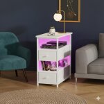 Table de chevet 58x28x61cm - avec led rgb ports usb - bout de canap� avec 2 tiroirs en tissu - style ...