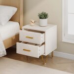 Table de chevet en cuir artificiel beige avec deux tiroirs poignes et base dores surface douceconvient ...