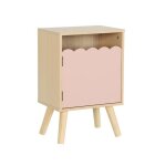 Table de chevet enfant d�cor bois rose 1 porte. pieds bois de pin - 34 x 23. 5 x 52 cm - azur