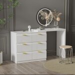 Table coiffeuse bureau 6 tiroirs blanc laqu� floral - poign�es dor�es - plateau rotatif 180� - 40x73 ...