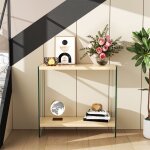 Table console en bois - console meubre dentr�e modern avec cadre verre tremp� solide pour salon couloir ...