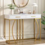 Table console - luxe l�ger - 2 tiroirs - blanc / or - 120x38x76 cm