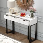 Table console moderne avec 3 tiroirs structure dore repose - pieds rglables et poignes lgantes blanc ...