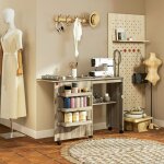 Table de couture pliante meuble couture � abattant avec bacs de rangement �tag�re ouverte et roulettes ...