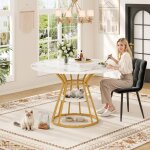 Table de cuisine 100x100x76 plateau marbre moderne table � manger structure m�tal robuste rangement int�gr� ...