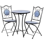 Table et deux chaises en mosa�que noire et fer forg� noir asym�trique