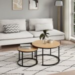 Tables gigognes style loft - lot de 2 tables basses - plateau rond aspect bois - tables de salon - structure ...