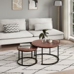 Tables gigognes style loft - lot de 2 tables basses - plateau rond aspect bois - tables de salon - structure ...