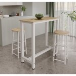 Table haute de bar avec deux tabourets 100x100x40 cm couleur blanc et sonoma table de cuisine pour 2 ...