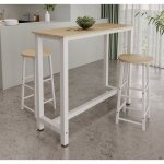 Table haute de bar avec deux tabourets 120x100x40 cm couleur blanc et sonoma table de cuisine pour 2 ...