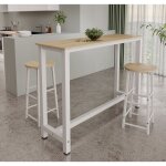 Table haute de bar avec deux tabourets 140x100x40 cm couleur blanc et sonoma table de cuisine pour 2 ...