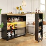 Table haute extensible cuisine led avec �tag�res - table de bar moderne mobile avec espace de rangement ...
