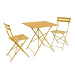 Table de jardin bistrot pliante m�tal + 2 assises ocre 70 x 70cm. acier thermolaqu�