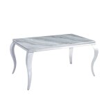 Table � manger baroque 6 � 8 couverts pieds chrome plateau en verre 180x90 cm effet marbr� greige