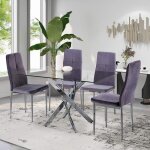 Table  manger - moderne - 1 table verre tremp - 4 chaises velours gris fonc - pieds chroms - 4 places ...