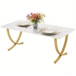 Table � manger - table de cuisine - 160 x 80 x 75 cm plateau imitation marbre or + blanc
