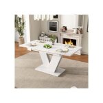 Table � manger extensible - 120 - 160x80 cm - blanc - plateau extensible - pieds en v m�tal
