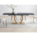 Table à manger extensible 6 à 10 personnes en céramique et métal doré - effet marbre noir - olifia de ... Table à manger extensible 6 à 10 personnes en céramique et métal doré - effet marbre noir - olifia de ...