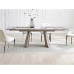 Table � manger extensible 6 � 10 personnes en c�ramique verre tremp� et m�tal bronze - effet marbre blanc ...