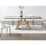Table à manger extensible 6 à 10 personnes en verre trempé céramique et métal doré - effet marbre blanc ... Table à manger extensible 6 à 10 personnes en verre trempé céramique et métal doré - effet marbre blanc ...