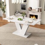 Table � manger extensible blanc 120 / 160x80 cm - plateau �pais pieds en v style simple pour 4 - 6 personnes ...