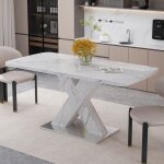 Table � manger extensible rectangulaire moderne avec dessus de table en marbre blanc imprim�base en m�tal120 ...