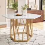 Table � manger hexagonale - mdf marbr� - m�tal dor� - design �l�gant - multi - usage