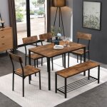 Table � manger industriel + 4 chaises + banc - en bois et m�tal - ensemble de salle � manger - 6 pi�ces ...