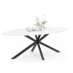 Table à manger ovale - non spécifié - 200 cm - effet marbre - pied métal noir - 10 personnes Table à manger ovale - non spécifié - 200 cm - effet marbre - pied métal noir - 10 personnes