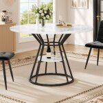 Table � manger ronde 100�100�76 cm table de cuisine plateau en mdf marbr� pieds en m�tal noir pour salle ...