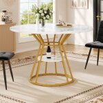 Table � manger ronde 100�100�76 cm table de cuisine plateau en mdf marbr� pieds en m�tal noir pour salle ...