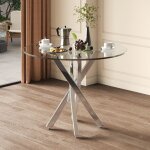 Table  manger ronde 80 x 80 x 75 cm - plateau en verre tremp - pieds galvaniss - argent