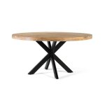 Table � manger ronde en bois de manguier - diam�tre 150 cm - pi�tement en fer noir - 6 personnes - contemporai ...