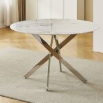 Table � manger ronde en verre tremp� - effet marbre blanc et m�tal chrom� ? 4 personnes ? chiara
