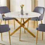 Table � manger ronde en verre tremp� - effet marbre blanc et m�tal dor� ? 4 personnes ? chiara