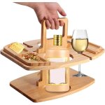 Table pique - nique bois portable plateau fromages / apritifs 2 porte - verres vin label