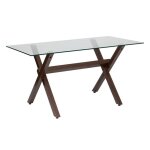 Table de repas table � manger rectangulaire en verre et pieds en acier effet noyer