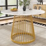 Table ronde 80x80 plateau marbr� table salle � manger pieds m�tal or 4 personnes