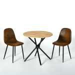 Table ronde bois fonc� 80 cm et 2 chaises marron simili su�de pieds noirs ? ensemble bistrot vintage ...