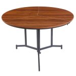 Table ronde pliable gain de place cokelio 120cm m�tal et plateau 3 parties bois noisette