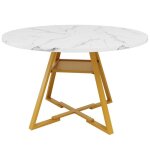 Table ronde salle � manger blanche avec plateau bois et pieds m�tal effet blanc - petit d�jeuner cuisine120x12 ...
