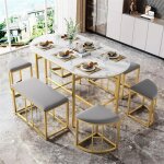 Table de salle à manger - non spécifié - ovale - 6 chaises - métal doré - faux marbre blanc Table de salle à manger - non spécifié - ovale - 6 chaises - métal doré - faux marbre blanc