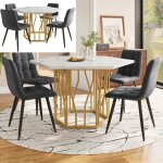 Table salle � manger - hexagonale - mdf imitation marbre - 4 chaises velours gris - design moderne