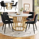Table salle � manger hexagonale - mdf marbre - 4 chaises velours noir - pieds dor�s - design moderne