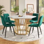 Table salle � manger - hexagonale - mdf imitation marbre - 4 chaises velours vert - pieds dor�s