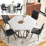 Table salle � manger hexagonale noir + 4 chaises velours gris - pieds noir branche - mdf motif marbre ...